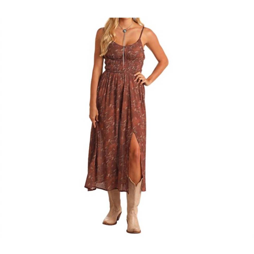 NEW ROCK & ROLL DENIM horse print midi dress in brown
